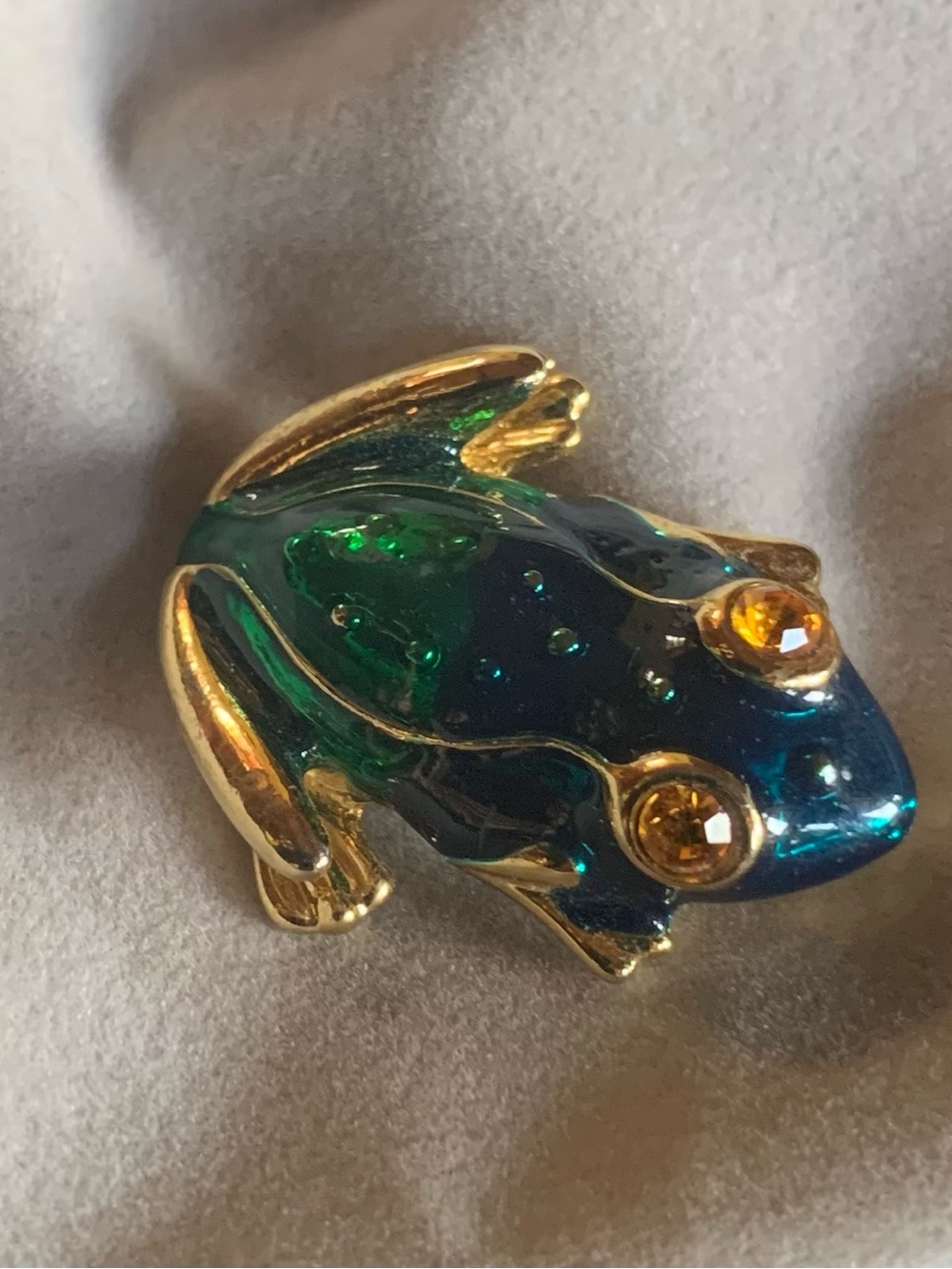 Vintage Green & Blue Enamel Frog Brooch Pin - Faux Topaz Eyes